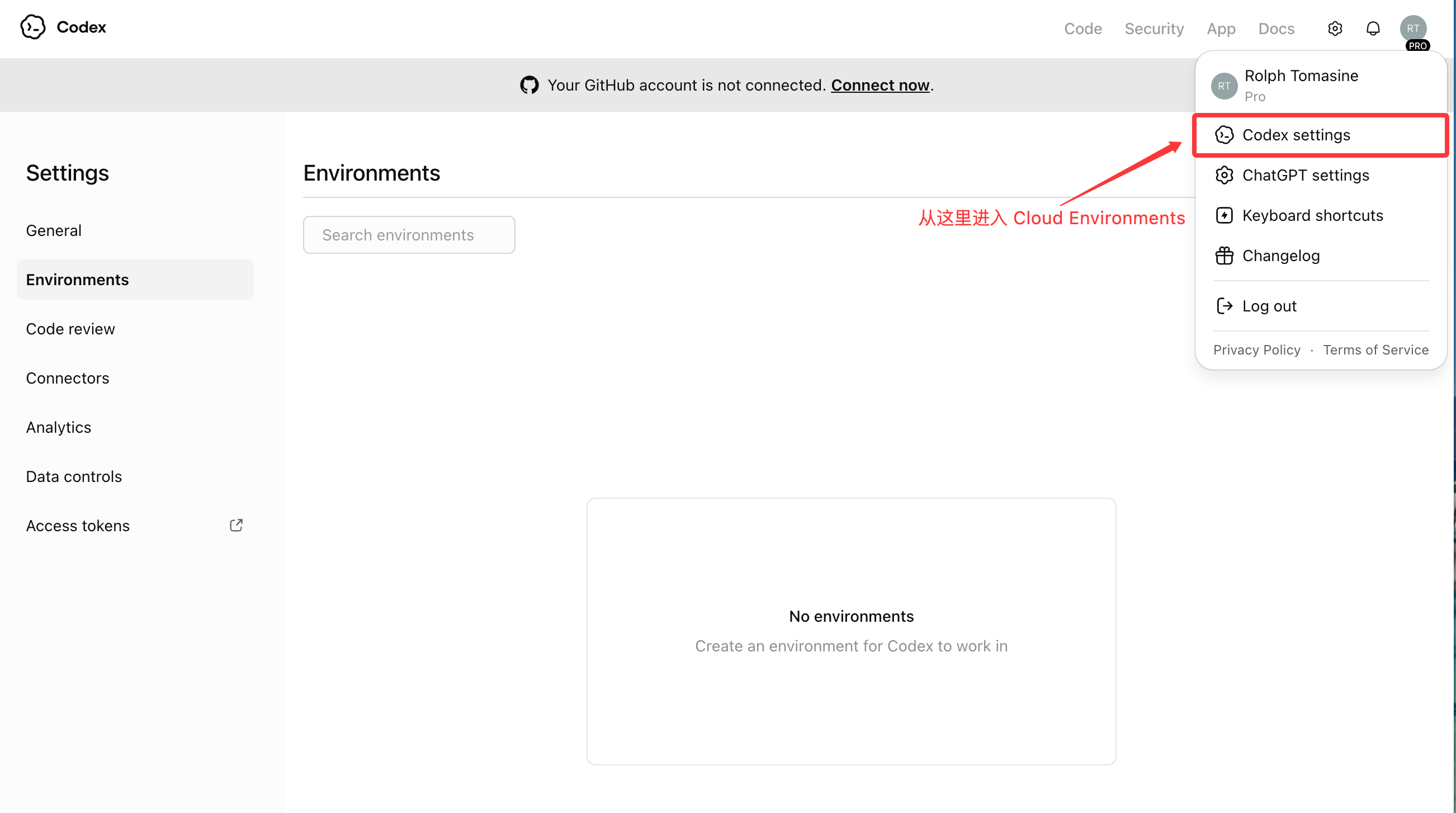 Codex Cloud Environment 页面